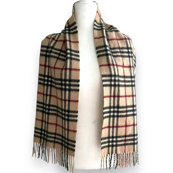 Burberry Cashmere Check Plaid Fringe Rectangle Classic Scarf Beige Tan Black Red - Picture 3 of 6